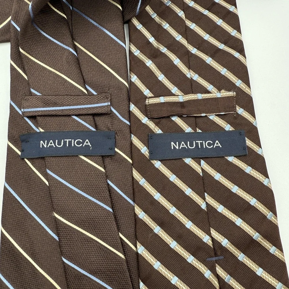 Nautica Tie Lot 2 Mens One Size Brown Blue Stripe‎ 100% Silk Made USA Neckties